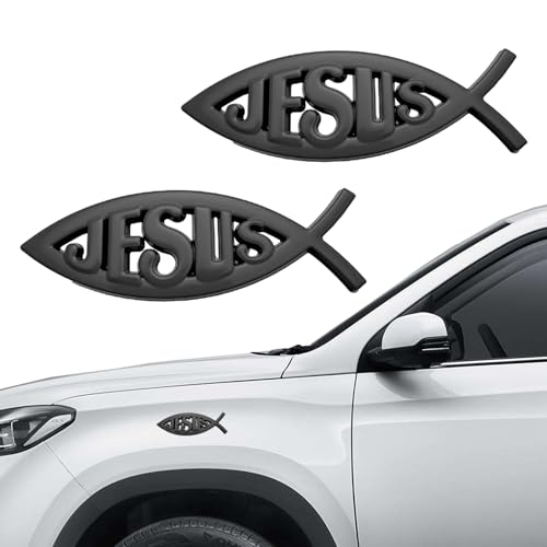 Image of Christian Cross Fish Auto Emblem, Jesus Fish Car Emblem, Weatherproof Christian Symbol Ichthus Cross Decal, Chrome Sliver Badge Bumper Stickers Car Accessories for Most Vehicles (Jesus-Black)