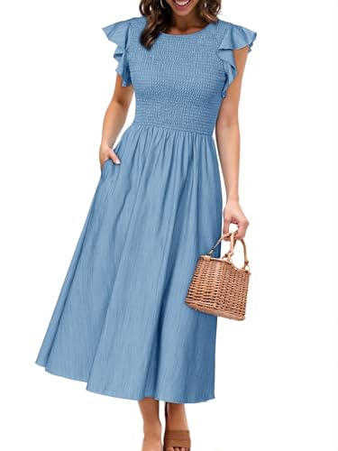 Image of Simplee Womens Striped Midi Summer Dress Linen Smocked Flutter Short Sleeve Dress Flowy Casual Dress with Pockets