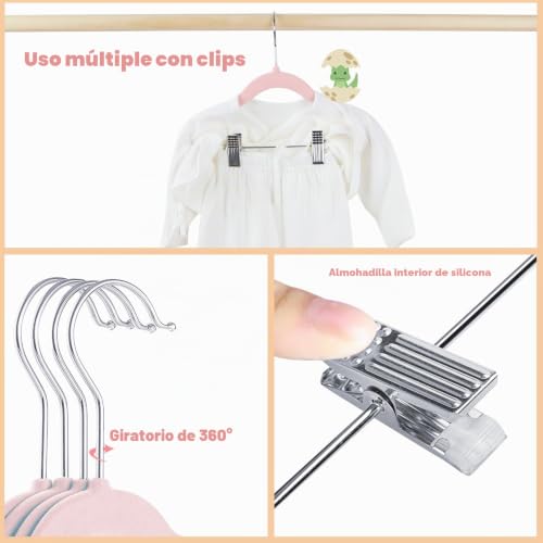Miniatura 4 de Mangokit Perchas Para Pantalones Infantiles De 30 Cm, Paquete De 16 Perchas De Terciopelo Con Clips Ajustables, Perchas Antideslizantes Para Ropa Y Faldas Para Niños Rosa