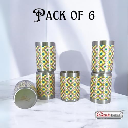 Image of Classic Steels Stainless Steel - Multipurpose Tara Mandala Designer Glass Set for Home & Office | Ideal for Serving Water, Juice, Cold Drinks & Lemonade | Ideal Gift Choice | Pack of 6 | 300 ML Each