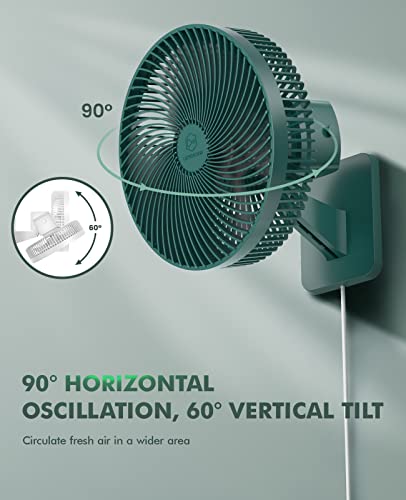 LEMOISTAR 10 Inch Wall Mounted Fan with Remote Control, 90°Oscillating, High Velocity 4 Speeds, Timer, Adjustable Tilt, 70Inch Cord, Ultra Quiet,for Bedroom Garage RV Office Home-Green - Thumbnail 2