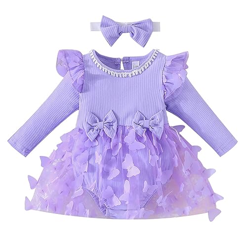 IDOPIP Baby Girls Butterfly Tutu Dress Ruffle Long Sleeve Romper with Butterfly Tutu Skirt and Bowknot Headband 2PCS Infant Girls 1st Birthday Outfit Winter Fall Dress Clothes Purple 3-6 Months
