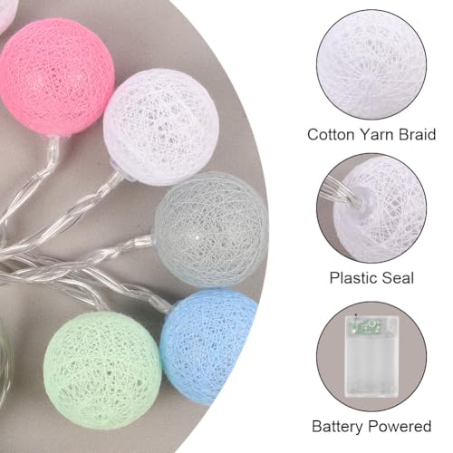 HOTUT Cotton Ball Fairy Lights, 3.3M/10.83Ft 20LED Battery Powered String Lights, Colorful Globe Ball Fairy Lights, LED Fairy String Lights for Bedroom Wedding Party Home Christmas Decoration, Macaron