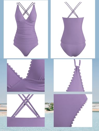 Image of ZAFUL Womens Tankini Swimsuits V Neck Push Up Swim Top Color Block Tummy Control High Waisted Bathing Suits Swim Bottom