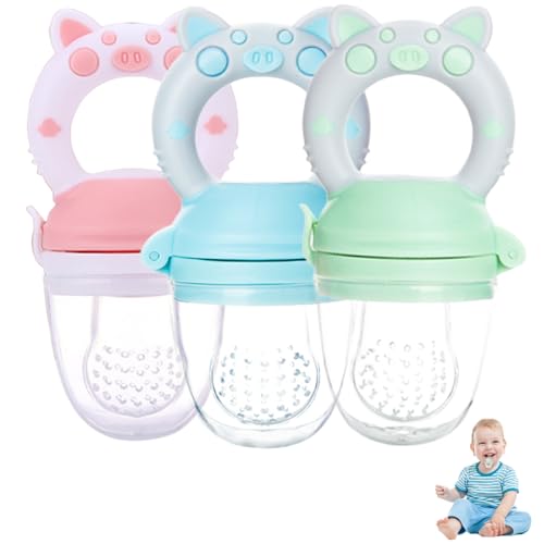 Alimentador de frutas para bebés de 3 piezas con 3 bolsas de silicona de grado alimenticio, alimentador de alimentos para bebés, con mango redondo, mordedores de frutas fáciles de limpiar para bebé