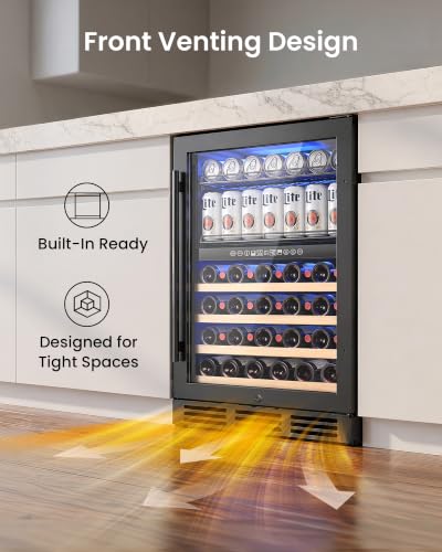 Image of 24 Inch Dual Zone Wine Fridge and Beverage Refrigerator, 63 Cans & 30 Bottles, Built-in Freestanding Under Counter Wine Cooler, UV Glass Door, Quiet Cooling, Lock, for Home Bar Office, Black