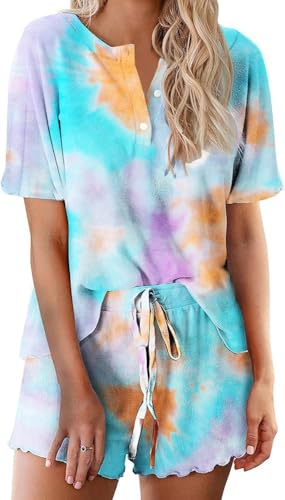 Image of Ekouaer Pajamas Set for Women Short Sleeve Lounge Set 2 Piece Loungewear PJs Soft Cute Lightweight Sleepwear,Small