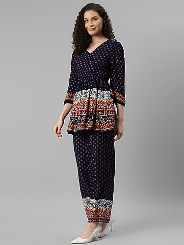 Image of DEEBACO Women's Ethnic Motifs Rayon Peplum Flared Tunic & Pants Co Ord Set for Women V Neck & 3 /4 Puff Sleeve Ladies Party Casual Wear for Girls Relaxed Fit Cord Set (DBCOMR00000912 XL Navy Blue)