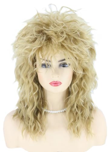 Topcosplay Rockstar Perücke mit Ohrringe Halskette Rock Queen Tina Perücke für Damen Rock Diva Wig Perücke 70er 80er Jahre Party Popstar Perücke (Blond)