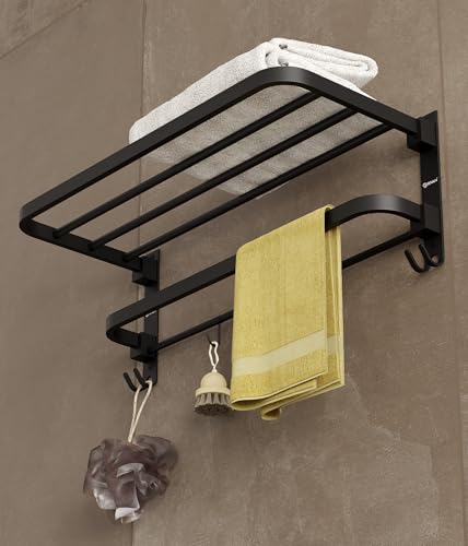 Image of GRIVAN Stainless Steel Towel Rack for Bathroom | Foldable 24 Inch Towel Holder in Bathroom with Hooks | Bathroom Towel Hanger for Wall | Towel Stand Rack for Clothes (Black Matte, Pack of 1)