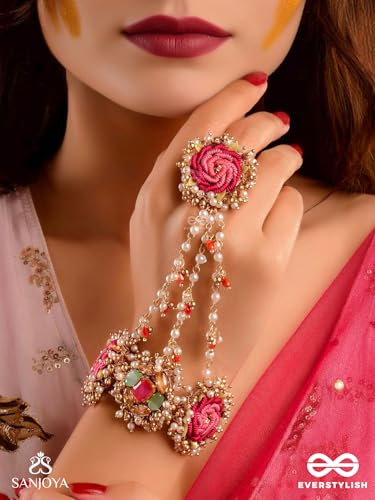 Image of SANJOYA BY EVERSTYLISH Gulratna Jewel Of Roses Handcrafted Rose Haathphool With Beaded Fringes, Pearls And Gem Details Lightweight Jewelry For Women | Party, Festive, Wedding & Gifting