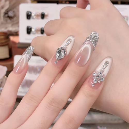 猫目 ネイルチップ 長い フェイクネイル りったいジルコンせき 手作り ネイルチップ 結婚 誕生日パーティー付け爪 10枚セット 長めチップ 両面接着テープ付き (楕円, M)