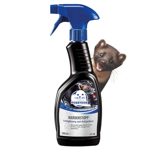 ROBBYROB | Marder Stopp Marderspray | Verhindert Marderbiss durch Aufsprühen eines Abwehrdufts | Marderabwehr für den Einsatz in Auto Haus Dachboden Garten und Garage | 500 ml Sprühflasche