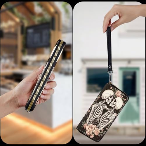 Wristlet Wallet for Women Teen Girls Womens Wallet RFID Blocking Credit Card Holder with Removable Wristlet,Leather Phone Wallet Clutch Large Capacity Ladies Travel Purs,Pink Floral and Skeleton4