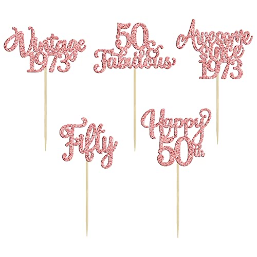 30Pcs Vintage 1973 Cupcake Toppers Glitter Fifty 50 Fabulous Happy 50Th Birthday Cupcake Picks Cheers To 50 Years For 50Th Birthday Anniversary Party Cake Decorations Supplies Rose Gold #TOP6