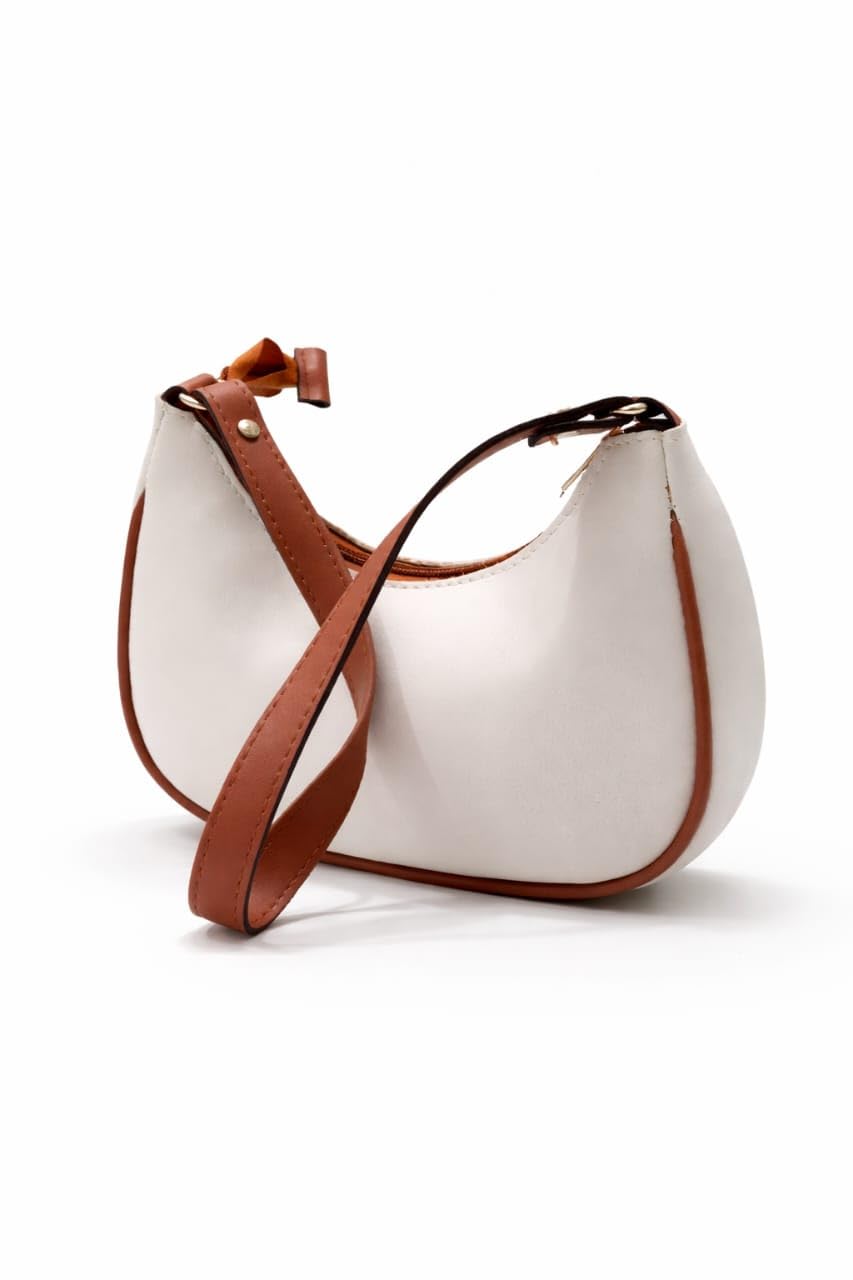 Mini Crescent Shoulder Bag, White with Tan Brown Trim, Crossbody Strap, Casual Style-picture-29