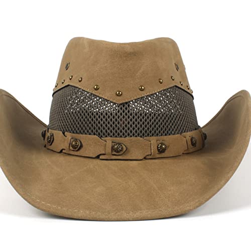 Vintage Western Cowboy Hat Leather Roll Brim Mens Cowboy Hat With Ventilation Chic Belt Band Trim Jazz Cap Unisex Khaki #TOP5