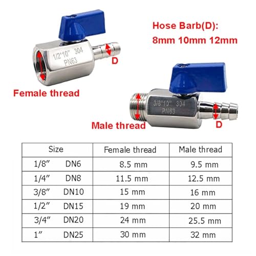 Válvula de bola de 3/8 para rosca hembra con conector macho 12 mm de acero inoxidable de 2 vías 5
