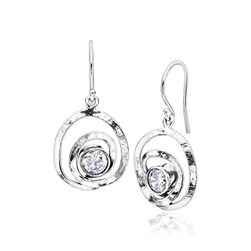 925 Sterling Silver Dangle Drop Earrings Free Form W/ 2 White Round Cubic Zirconia, Antique Finish Lever Back, Hypoallergenic, Nickel And Lead-Free, Artisan Handcrafted Designer Collection #TOP22