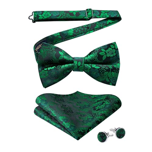 Image of HISDERN Bow Ties for Men Pre-Tied Bow Tie Floral Paisley Handkerchief Classic Formal Bowtie and Pocket Square Cufflinks Set