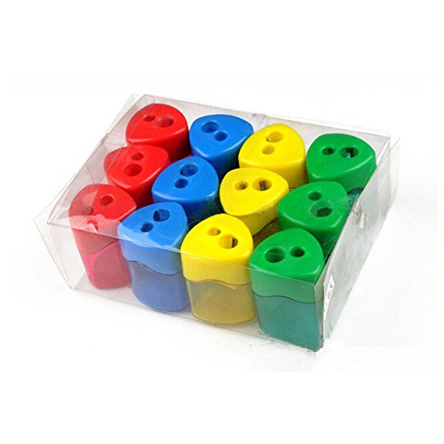 Mega Set Of 12 Double Hole Triangular Shaped Pencil Sharpener With Cover and Receptacle! Comes In 4 Colors- Red, Blue, Yellow, and Green!