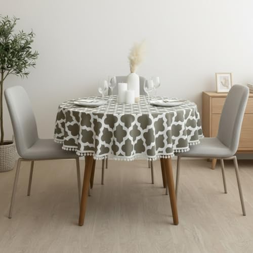 Image of HOMEMONDE Cotton Premium Dining Round Table Cover with White Border Pom-Pom, 45 x 45 Inches Geometric Printed Table Cloth 4 Seater, Round Table Cover - (114x114 CM, Grey)