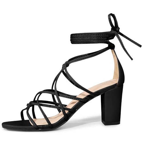 Allegra K Allegra K Women's Black Lace Up Strappy Heels Chunky Heel Sandals 9 M US