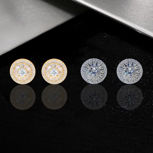LuReen Earring Studs for Men Women - 18K Gold Plated Cubic Zirconia Stud Earrings Set, Iced Out CZ Studs, Simulated Diamond Halo Earrings (2 Pairs)3