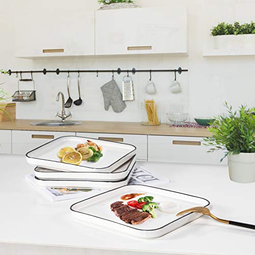 Eglaf 8'' Ceramic Square Dinner Plates - Black Edge Porcelain Dish For Salad, Pie, Steak, Pizza, Pasta - Family Dining, Party, Entertain Guests, Restaurant Serving Plates (Set Of 4) #TOP6