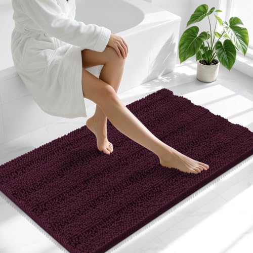 Image of Smiry Thick Chenille Bathroom Runner Rugs 44x24, Extra Absorbent Striped Bath Mat, Machine Washable, Rubber Backing, Long Bath Rugs for Bathroom, Tub & Shower, Home Decor Accessories, Black Cherry