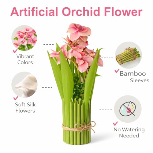 Image of CraftVatika Pink Orchid Artificial Flower Bouquet Decor, Realistic Orchid Flowers Bouquet Gift for Girls Faux Flowers for Table, Home Living Room Desk Decor, Wedding Anniversary Birthday