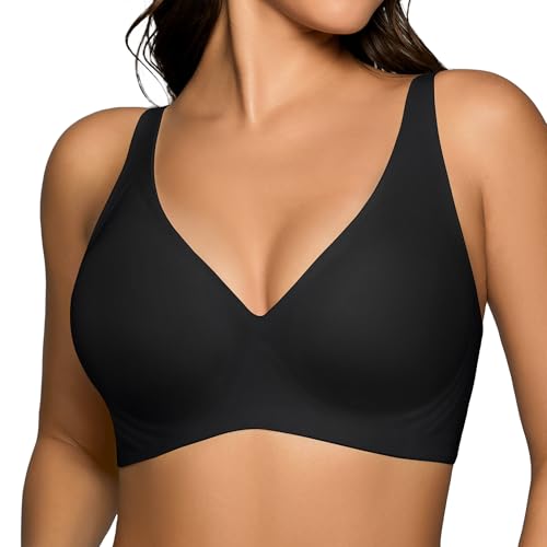 SHARICCA Glatter BH Damen ohne Bügel Sexy V-Ausschnitt Seamless Push Up BHS Nahtloser Bra T Shirt BH Gepolsterter Bralette(Schwarz-1P02-M)