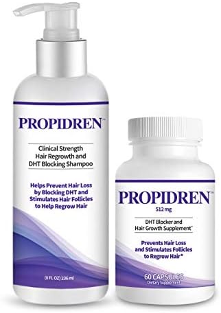 Propidren Combo Pack - DHT Blocker & Hair Growth Supplement (1 Bottle, 60 Count) & Shampoo (1 Bottle, 8 Ounces) to Prevent & Stop Hair Loss & Regrow Hair. Proprietary Hair Regrowth Treatment