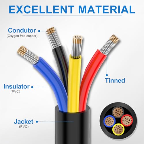 NAOEVO 18 Gauge Wire 4 Conductor Wire, 18 AWG 4 Core Stranded PVC Cable, Tinned Copper/Low Voltage 12V/Flexible Extension Cord for Automotive Trailer Wiring, Lamp Cord, Marine, RGB Cable (100FT)
