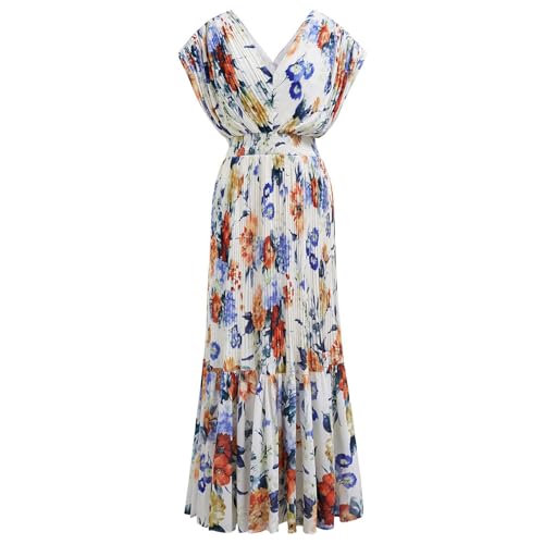 CHICWISH Women Floral Pleated Chiffon Maxi Dress V Neck Short Sleeve Elastic Waisted Flowy Summer Long Dresses