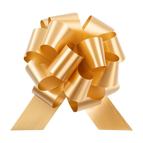 Restaurantware Gift Tek 5.5 Inch Ribbon Pull Bows 10 Satin Pull Bows - 20 Loops Instant Pull Design Gold Plastic Flower Bows For Gifts Large For Wedding Baskets And Gift Wrapping