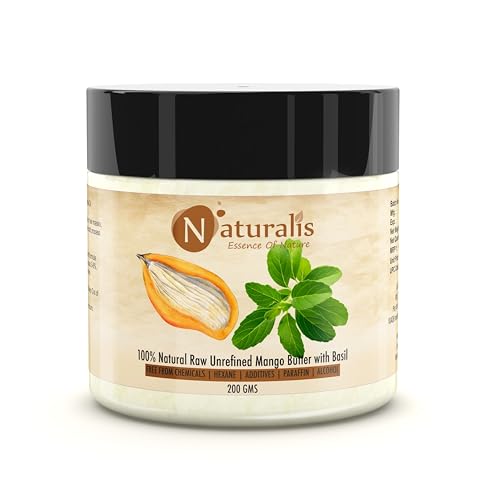 Image of Naturalis Mango Butter with Basil Essential Oils | 200gm | Raw, Unprocessed & Unrefined Body butter | Ingredient for Lip Balm & Lip Cream | Smooth Texture in Skincare Blends