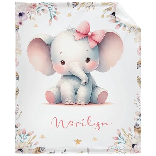 Custom Baby Elephant Blanket with Name for Girls Boys Elephant Gifts for Kids Soft Cozy Blanket for Sofa Bed Couch Living Room 30x40inches