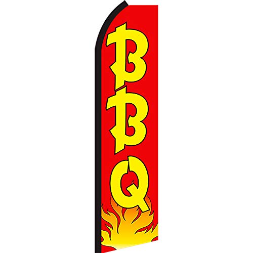 Bbq (Red/Yellow/Flames) Flutter Feather Flag Bundle (11.5' Tall Flag, 15' Tall Flagpole, Ground Mount Stake) #TOP1