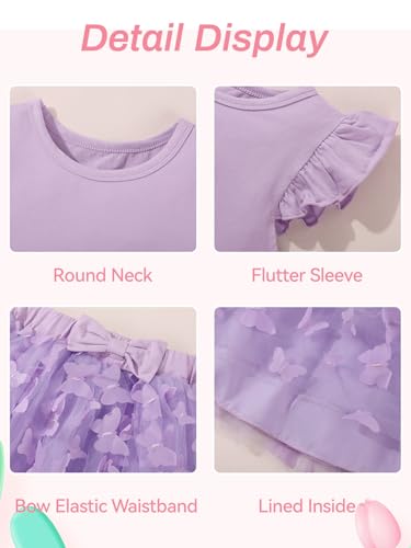 Image of Girls Tulle Skirt Set Kid Toddler Girl 2 Piece Outfits Ruffle Sleeve T-Shirt Bowknot Tutu Dress Birthday Party Outfit