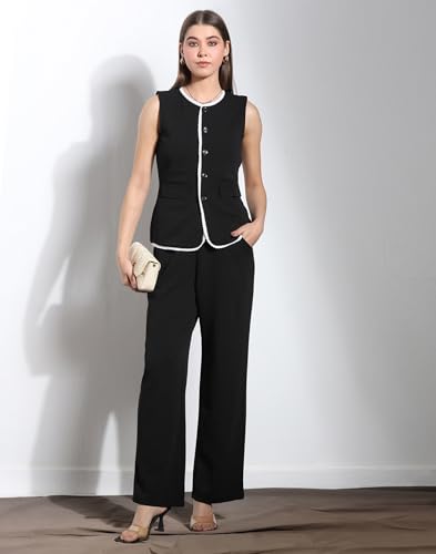 Image of Selvia Women's Sleeveless Button West Top with Straight Pants, Chic Formal Co-Ord Set