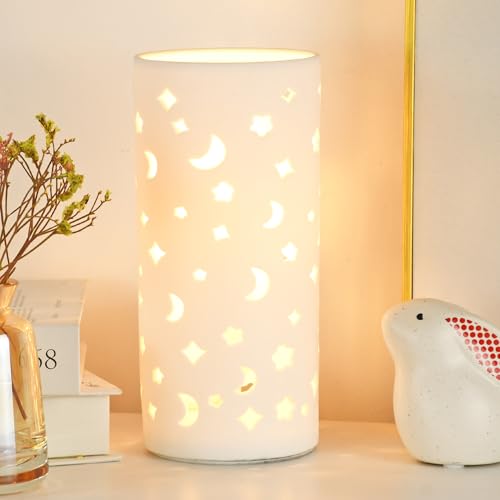 Image of Lampwell Dana White Modern Ceramic Moon Carving Table Lamp for Living Room & Bedroom,Kids Night Ceramic Table Lamp,Φ3.54×H7.87IN,Bulb Excluded