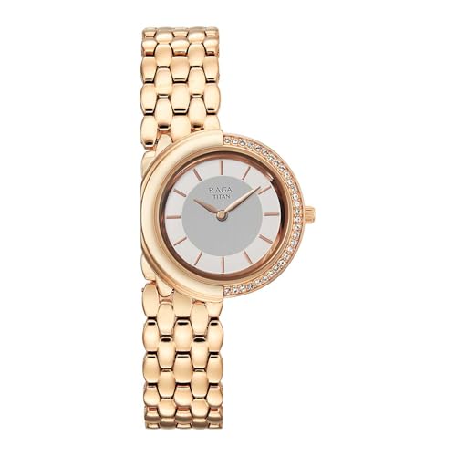 Image of Titan Raga Chic Glam with Quartz Analog FINE Vertical Satin + White Paint Dial Rose Gold Strap Watch for Women - 95392WM01