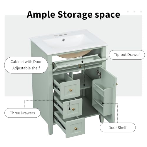 Image of Favfurish 24 inch Sage Green Bathroom Vanity with Ceramic Sink, Rubberwood Frame Freestanding Storage Cabinet w /3 Drawers & Tilt-Out Drawer, Adjustable Shelf, Heavy-Duty 150 lb Capacity for Small Space