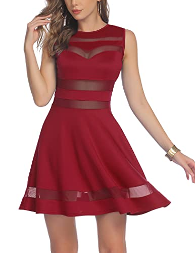 Zeagoo Womens Mesh See Through Sheer Block Skater Sleeveless Mini Dress, Z-Burgundy, Large #TOP1