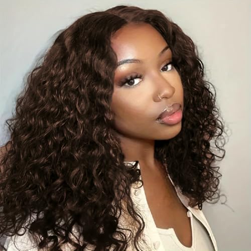 Pelucas Mujer Deep Curly Bob Human Hair 13x4 Lace Frontal Wig Pelucas Cabello Humano 150% Density Peluca Corta Rizado Humana Brazilian Human Hair Bob Wig Color Chocolate Marrón 10 Pulgadas