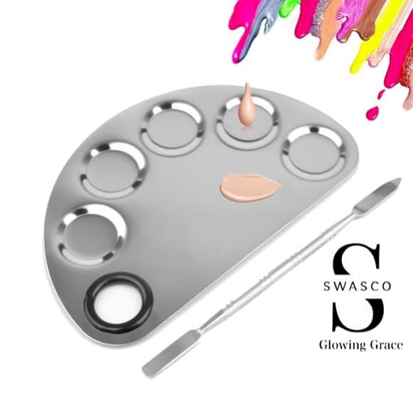 SWASCO™Cosmetic 5 Dip Makeup Mixing Palette with Spatula | Stainless Steel Makeup Blending Tool for Foundation, Eyeshadow & Creams Pack of 1 | D Shaped, Perfect for Makeup Artists 4