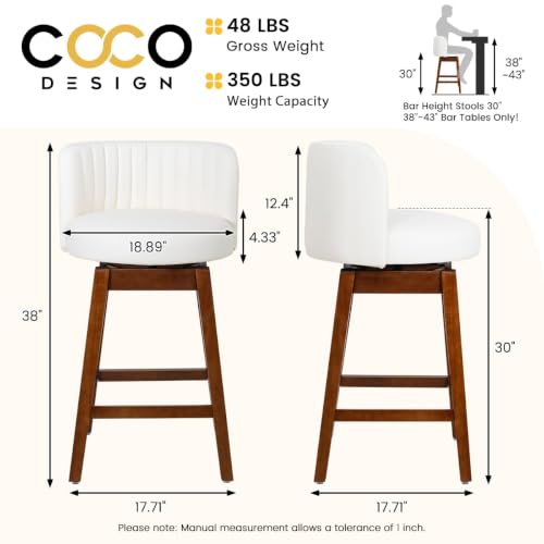 Image of COCO DESIGN 30 inch White Swivel Bar Height Stools Set of 2 with Wood Legs | Mid Century Modern Style, Smooth Swivel Design, Leather Upholstered Seat, Sturdy Solid Wood Legs, Bar Height For Island