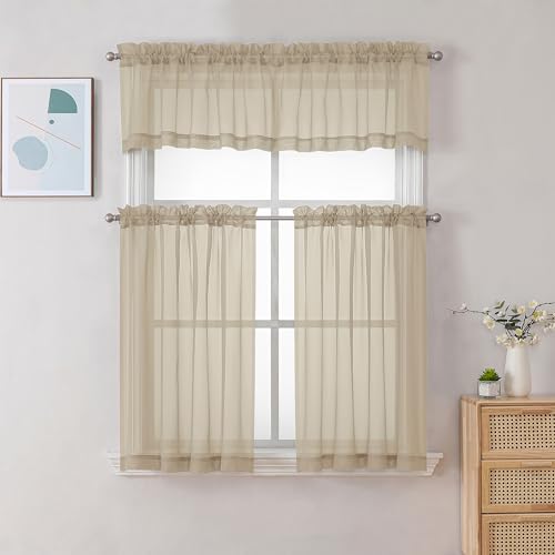 Image of Chyhomenyc Sheer Taupe Valances for Windows 2 Pack, Small Window Curtains for Living Room Bathroom Cafe Laundry Basement, Modern Top Dual Rod Pocket Voile Curtain, 42W x 18L inches, Taupe