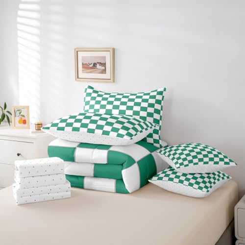 Image of Erosebridal Green Checkered Queen Bed in A Bag 7 Piece White Emerald Green Checkerboard Bedding Set,Buffalo Plaid Grid Comforter Set with Sheets for Kids Adults Aesthetic Geometric Gingham Bed Set